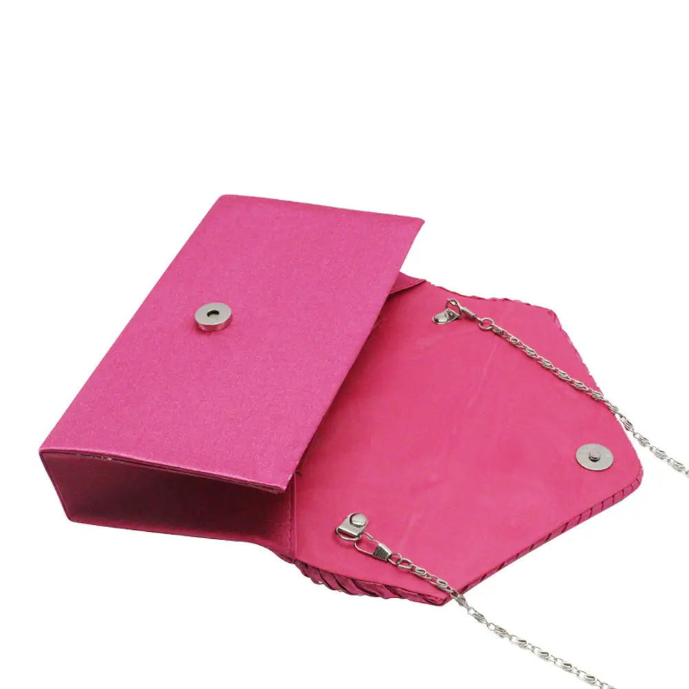 Pink Satin Pleated Clutch Bag with Crystal Embellishment