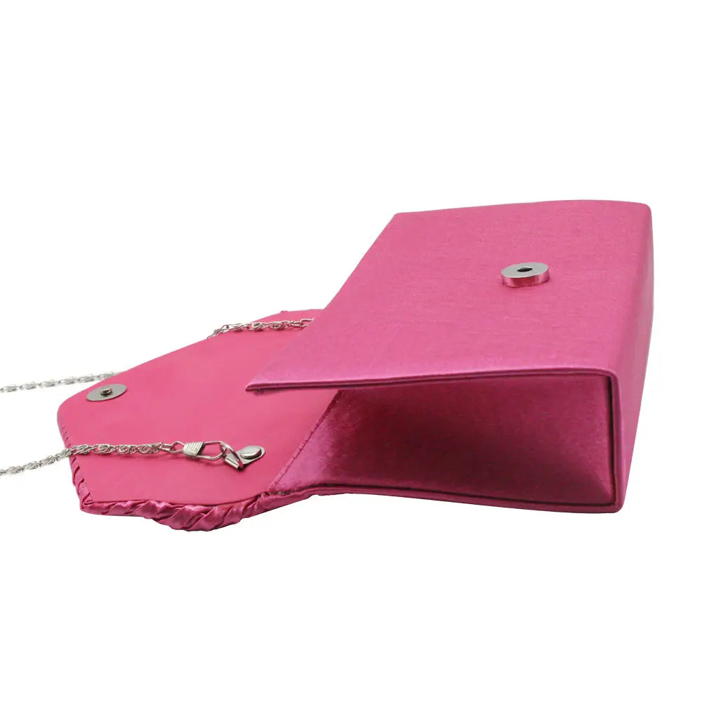 Pink Satin Pleated Clutch Bag with Crystal Embellishment