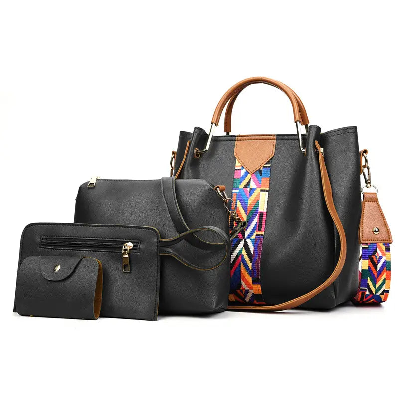 Pink Leather 4-Piece Bag Set with Geometric Strap