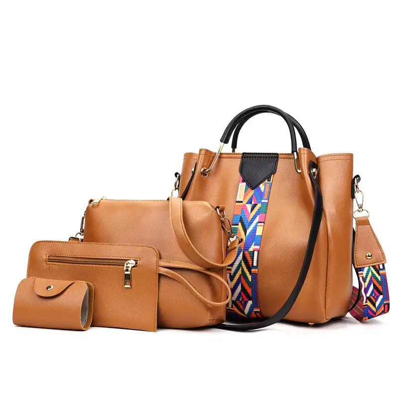 Pink Leather 4-Piece Bag Set with Geometric Strap