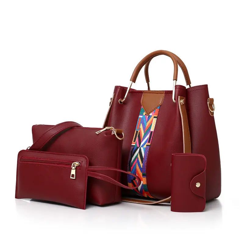 Pink Leather 4-Piece Bag Set with Geometric Strap