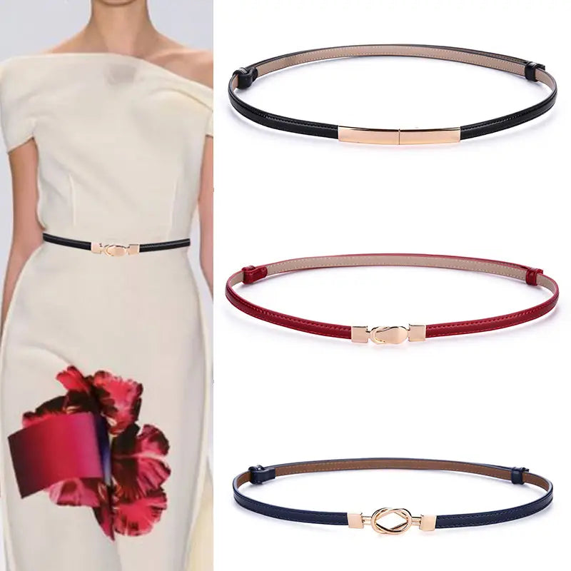 Women's Thin Genuine Leather Belt with Magnetic Closure Red Black Navy