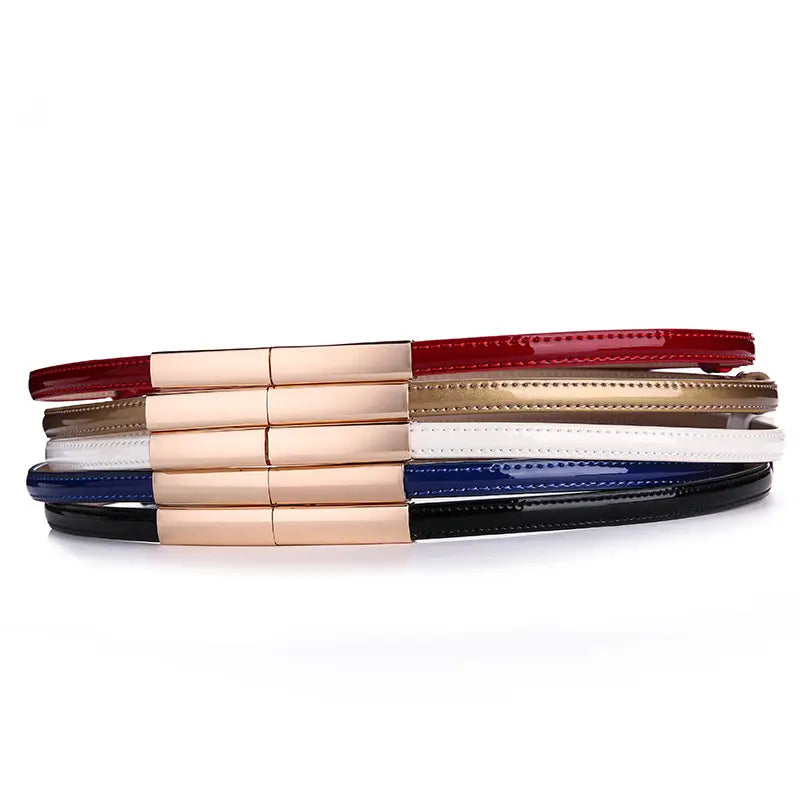 Women's Thin Genuine Leather Belt with Magnetic Closure Red Black Navy