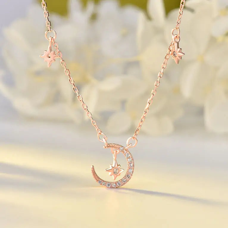 S925 Silver Star Moon Necklace for Women Summer Luxury Clavicle Chain