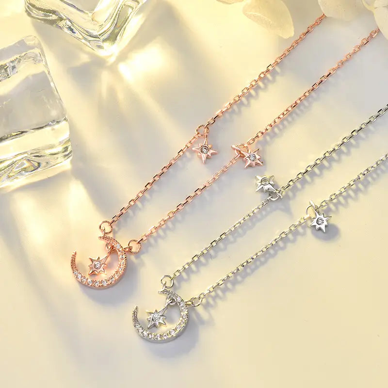 S925 Silver Star Moon Necklace for Women Summer Luxury Clavicle Chain
