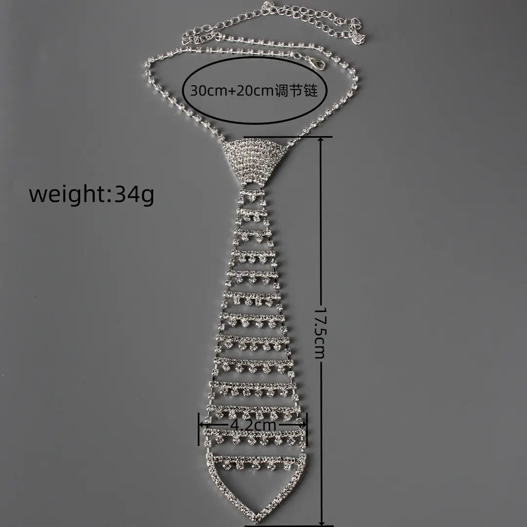 Silver Rhinestone Tie Necklace for Women