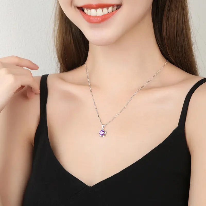 Plum Blossom Pendant Necklace with White Diamond Flower Design