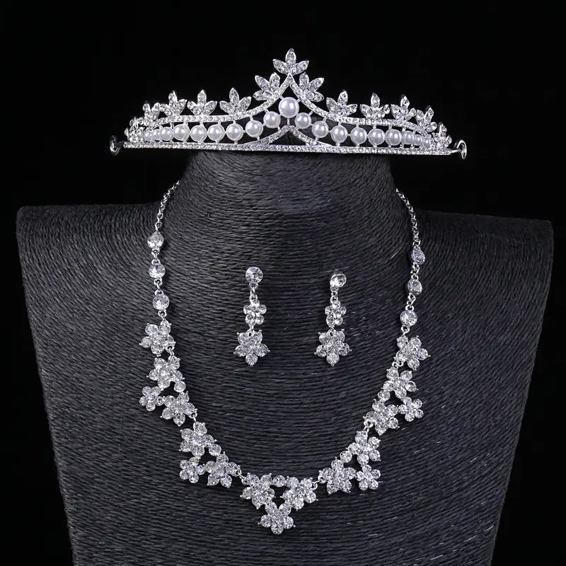 Pakistani Bridal Crown Necklace Earrings Set with Rhinestones