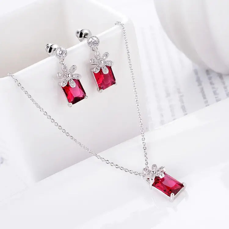 Red Zircon Wedding Earrings & Necklace Set