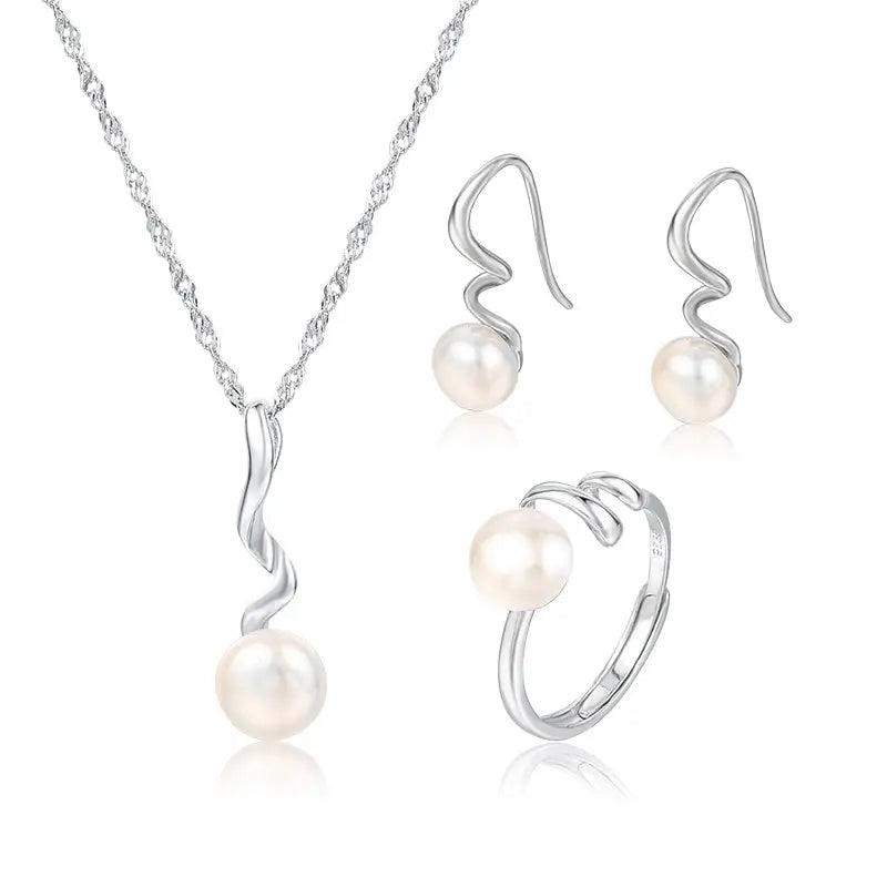 Pearl Necklace Earrings Set Silver 925