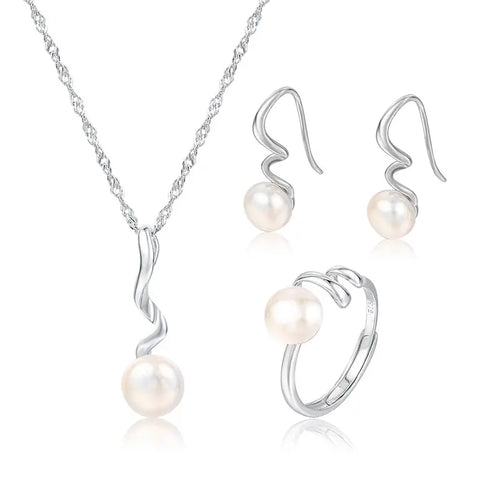 Pearl Necklace Earrings Set Silver 925