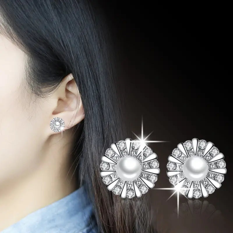 Silver Sunflower Pearl Earrings for Women