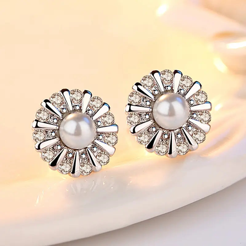 Silver Sunflower Pearl Earrings for Women