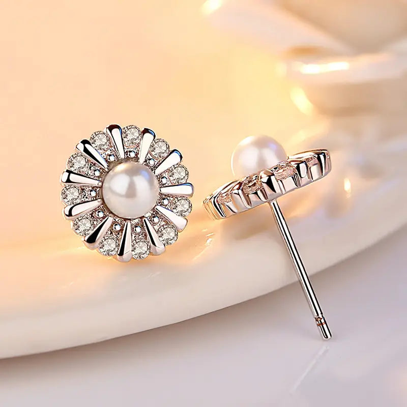 Silver Sunflower Pearl Earrings for Women