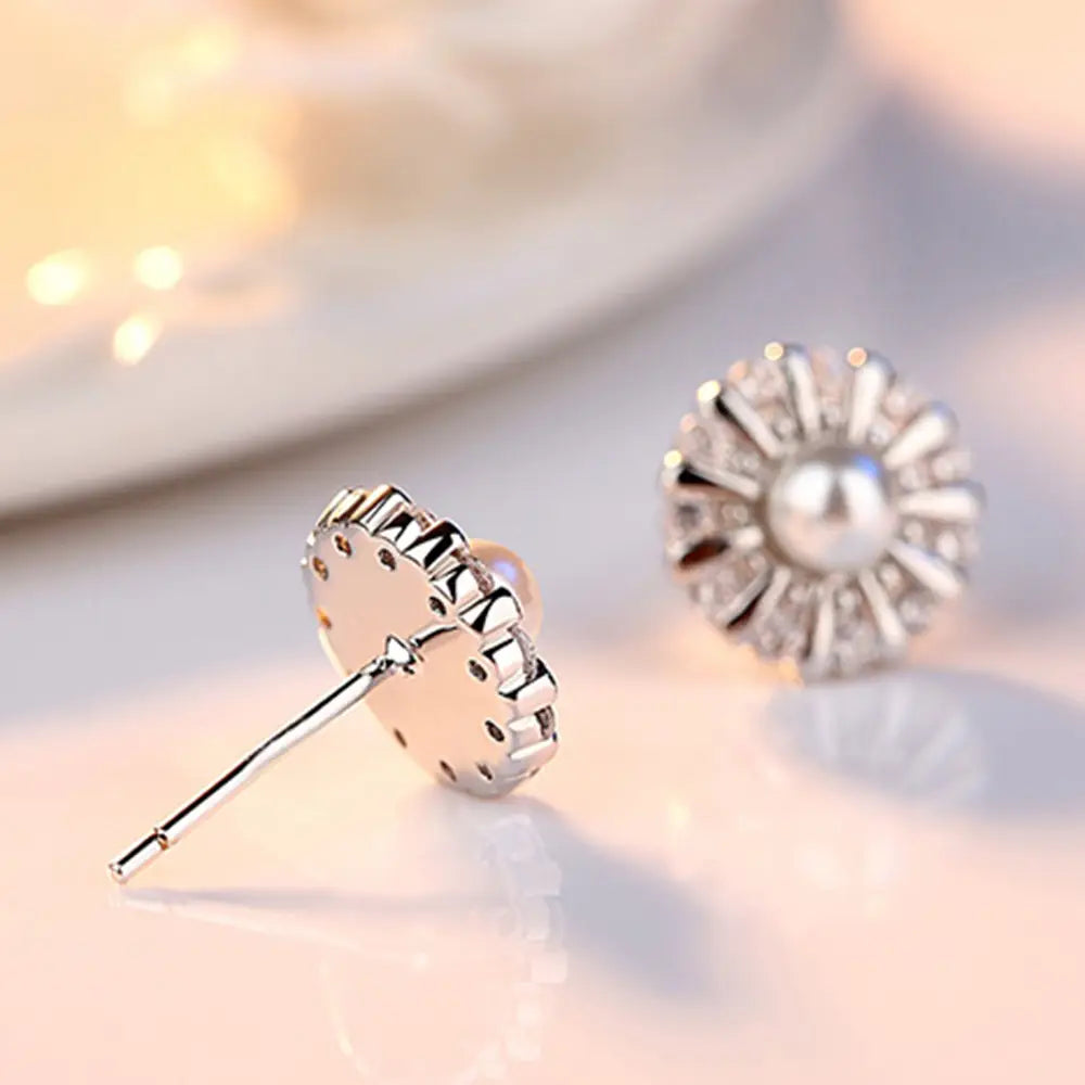 Silver Sunflower Pearl Earrings for Women