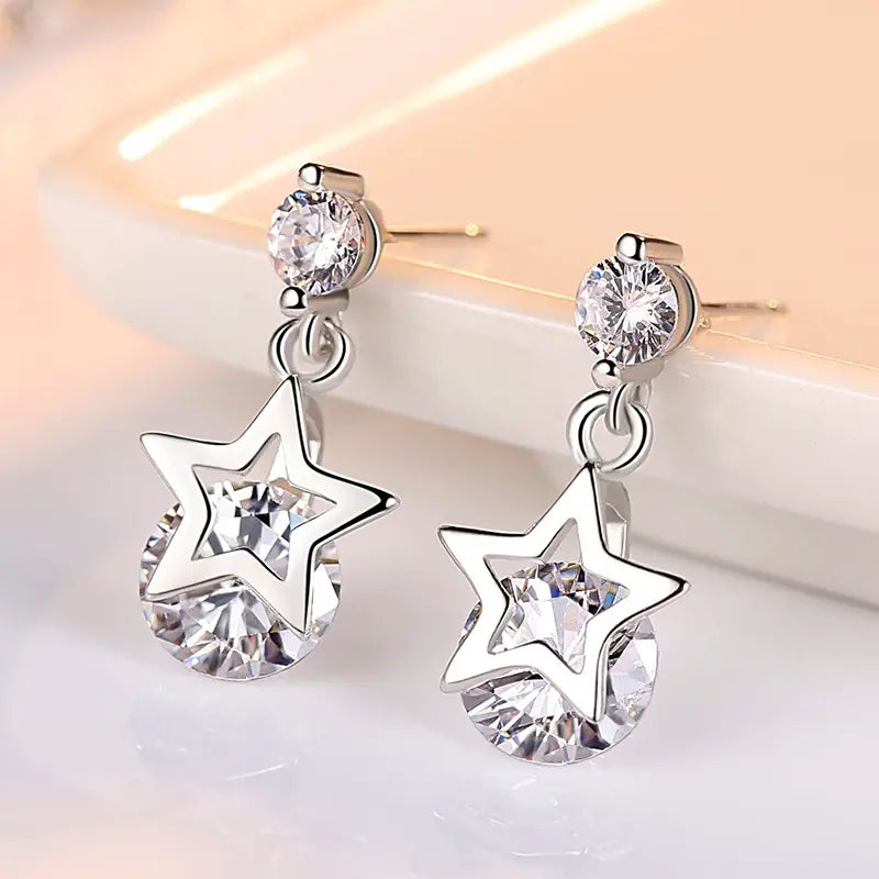 Star Earrings Silver Zircon Pakistani Women Wedding Party Wear