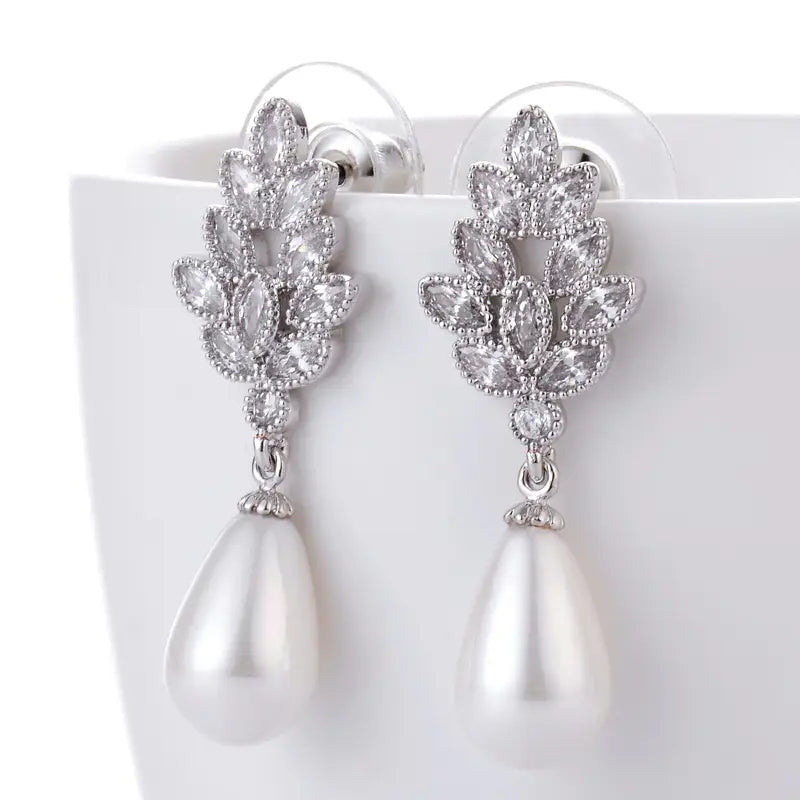 Pearl Drop Earrings Gold Plated Zircon Wedding Office