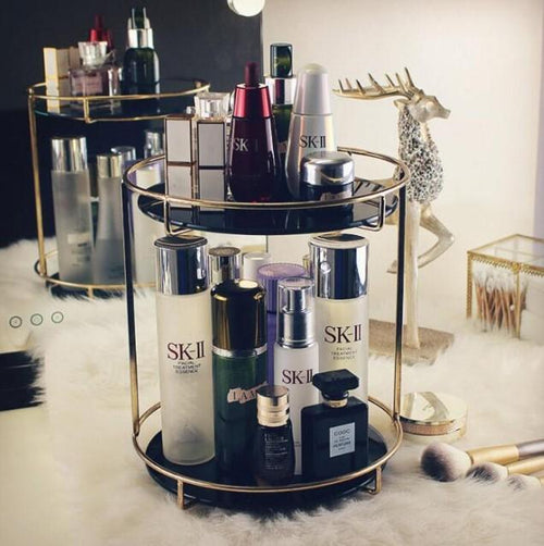 Double Layered Cosmetic Organizer Black Glass Metal