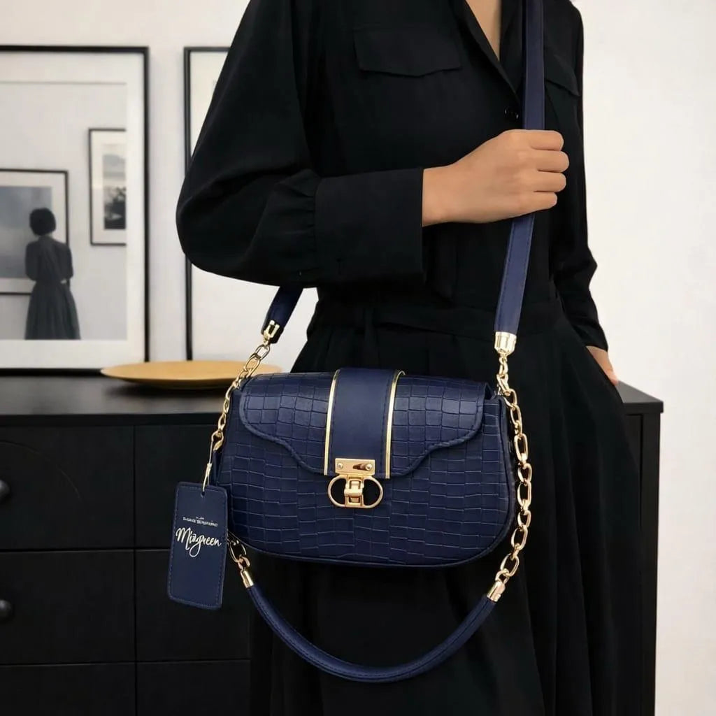 Blue Croc Leather Shoulder Bag for Women with Gold Chain