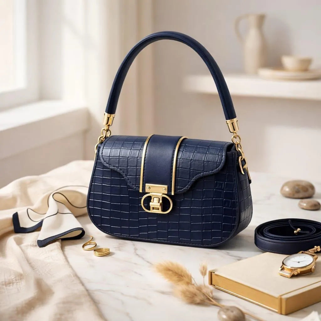 Blue Croc Leather Shoulder Bag for Women with Gold Chain