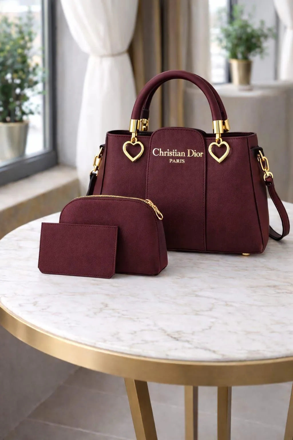 Maroon Leather 3-Piece Women's Handbag Set