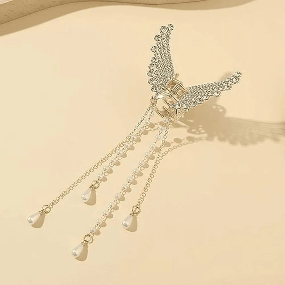 Butterfly Hair Claw with Zircon & Pearl Tassels Silver Gold