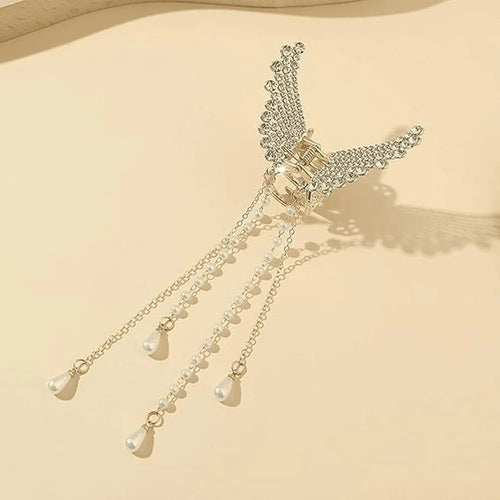 Butterfly Hair Claw with Zircon & Pearl Tassels Silver Gold