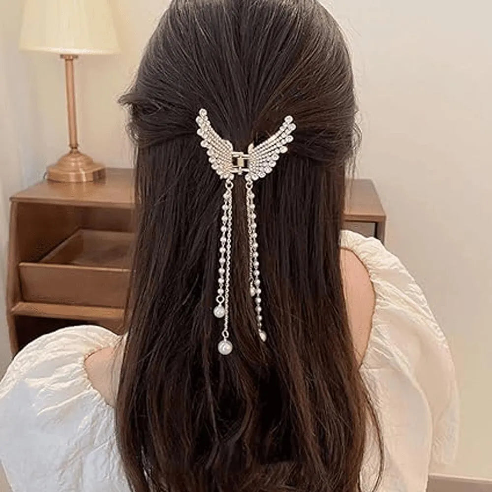 Butterfly Hair Claw with Zircon & Pearl Tassels Silver Gold