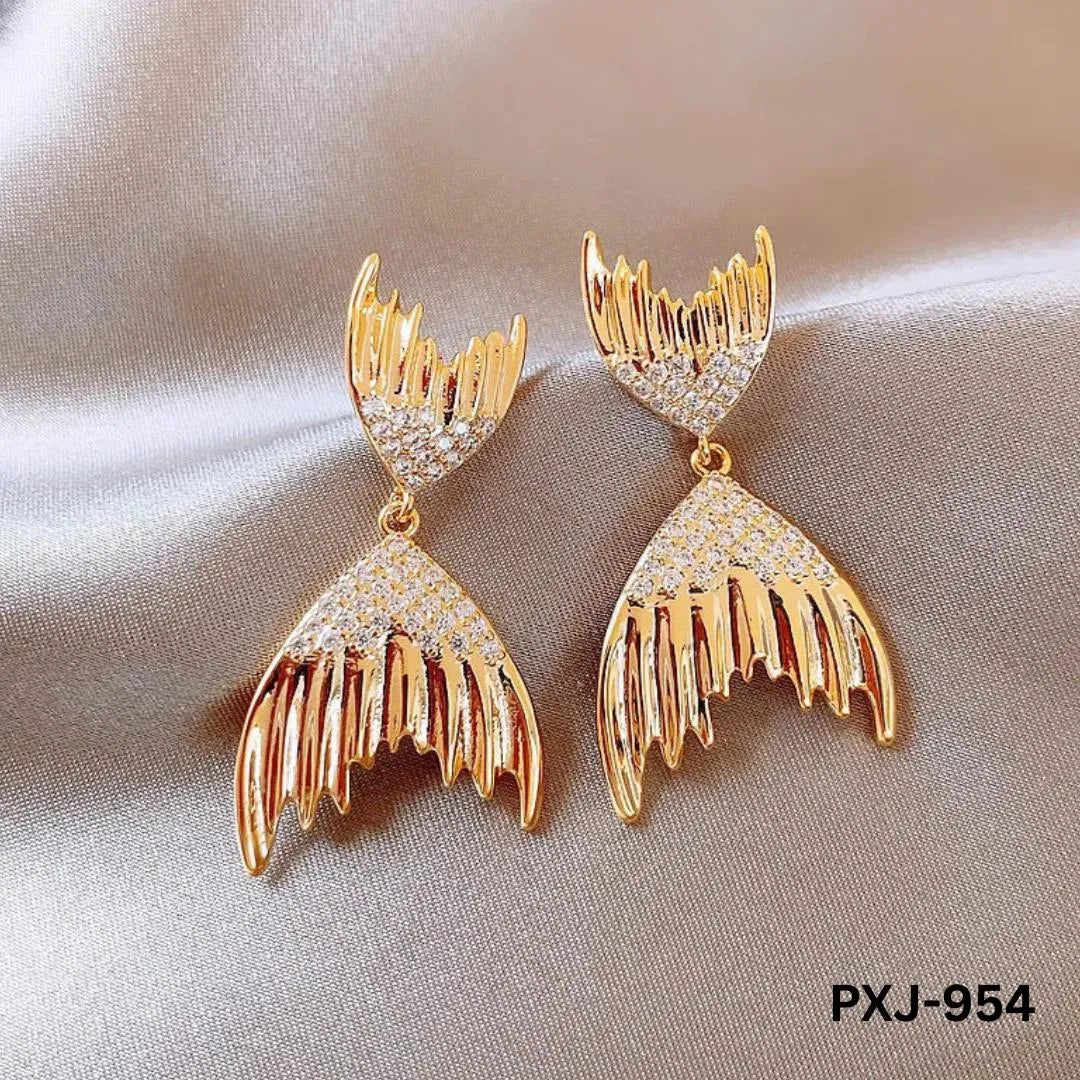 Golden Fish Tail Earrings for Women with Crystals