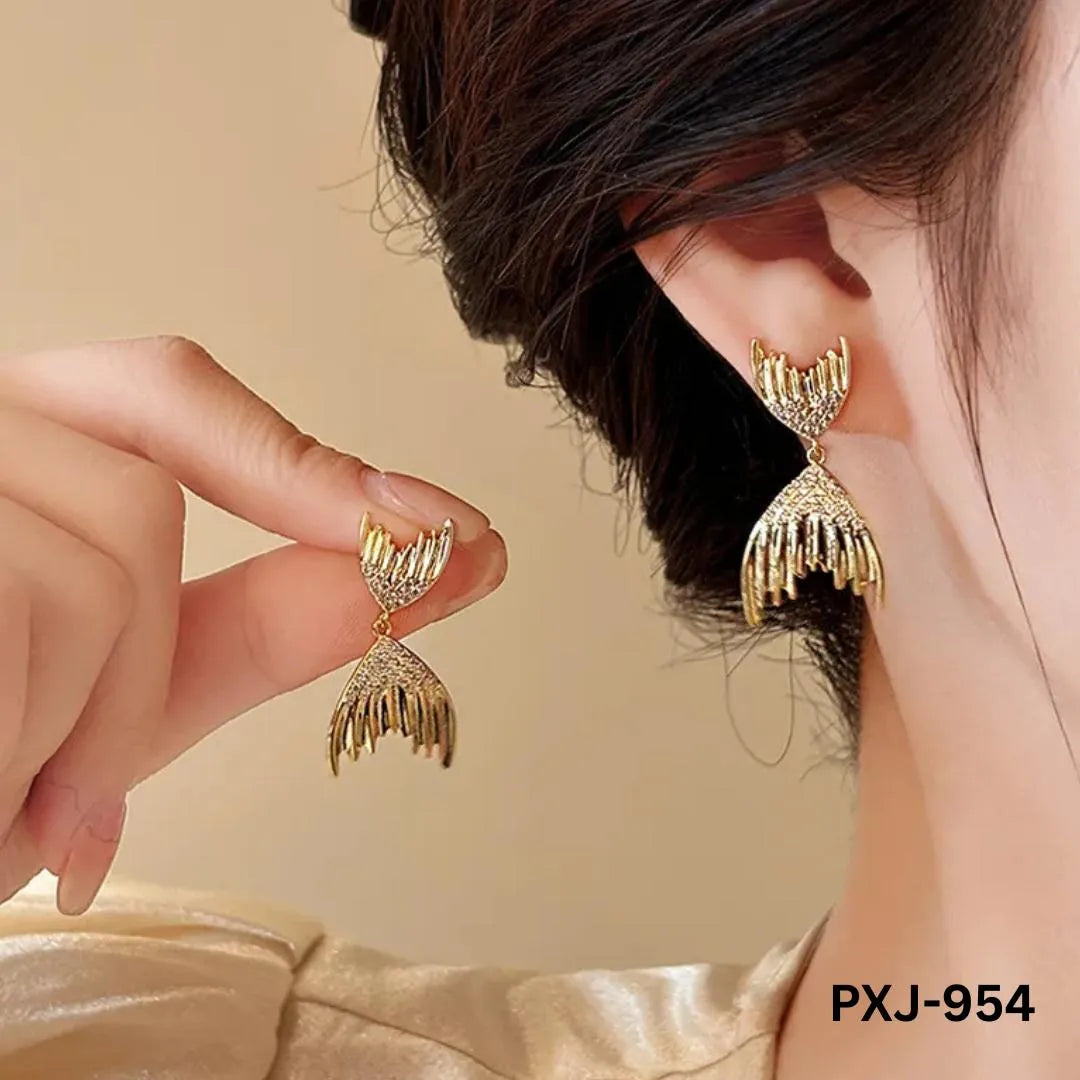 Golden Fish Tail Earrings for Women with Crystals