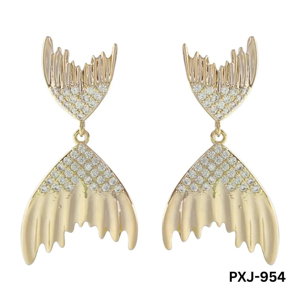 Golden Fish Tail Earrings for Women with Crystals