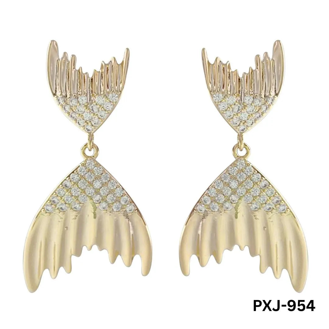 Golden Fish Tail Earrings for Women with Crystals