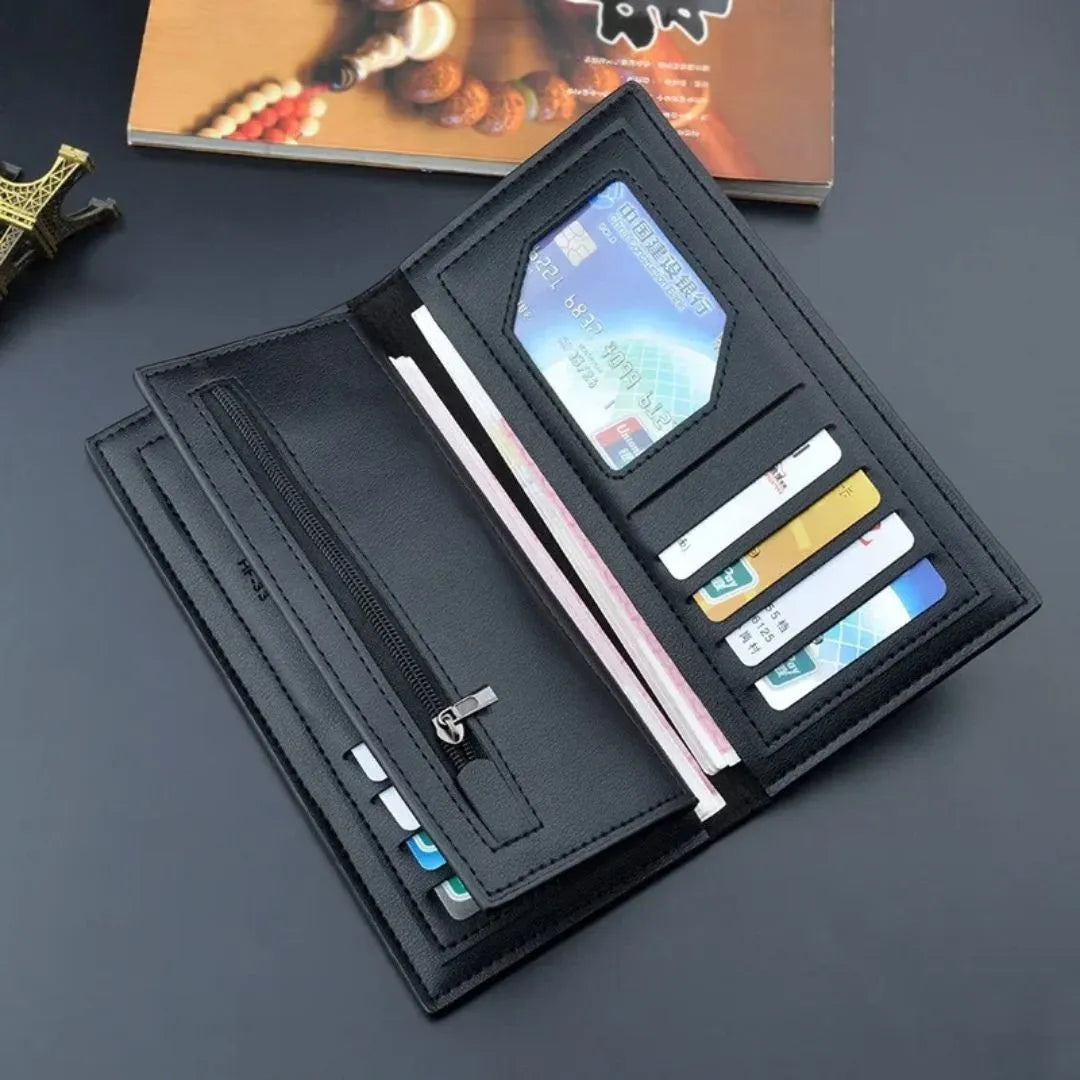 Modern Touch Long Wallet – Stylish Organizer with 14 Card Slots & Zipper Pocket – Black