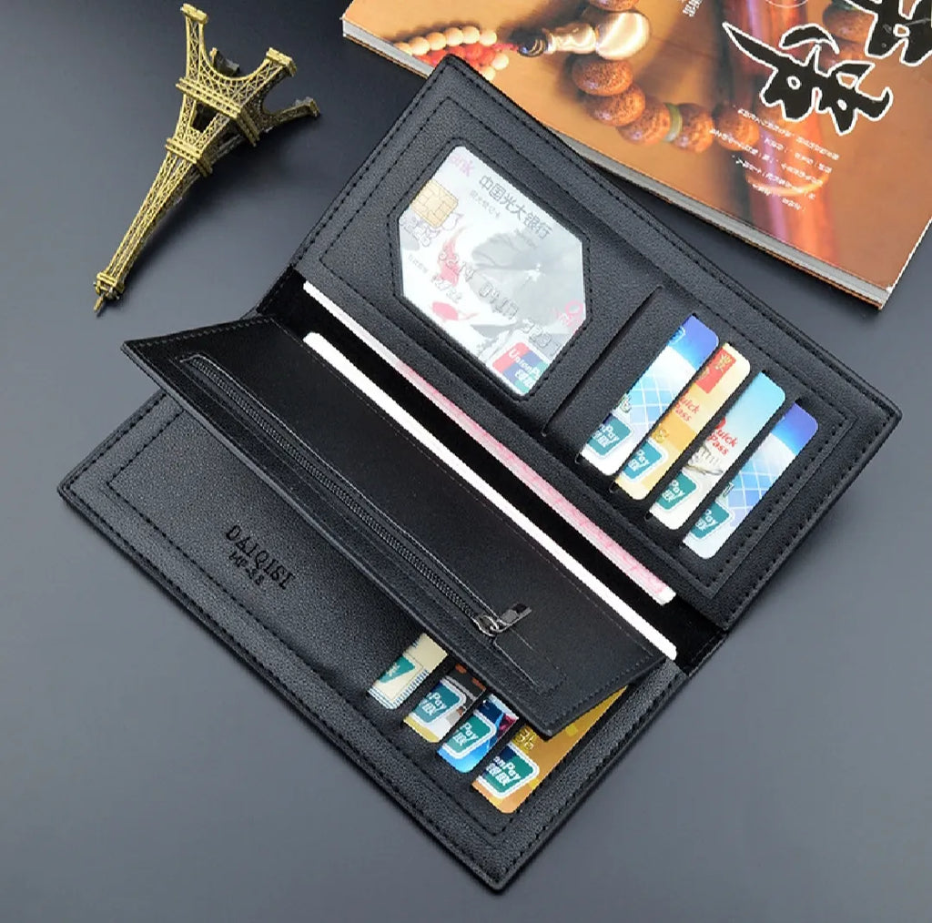 Modern Touch Long Wallet – Stylish Organizer with 14 Card Slots & Zipper Pocket – Black