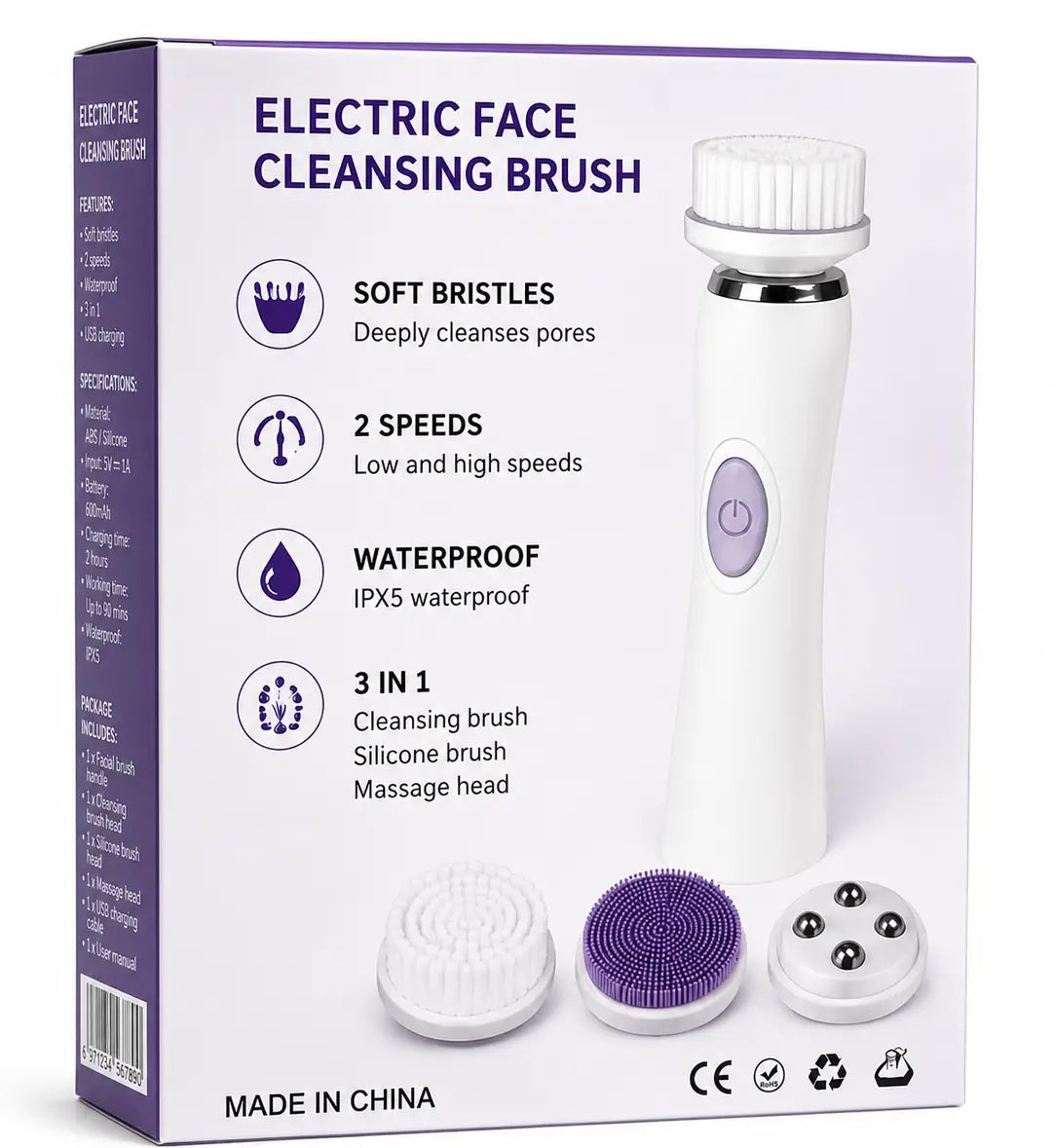 Electric Face Cleansing Brush GBL-737 | 3-in-1 Facial Cleansing & Massage Brush | IPX5 Waterproof | 2 Speed