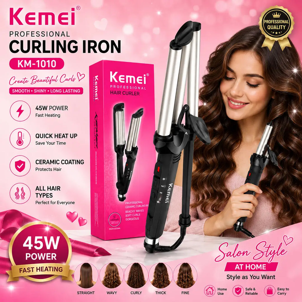 Kemei Professional 3 Barrel Hair Crimper & Curling Iron | Ceramic Hair Waver | Fast Heating Styling Tool