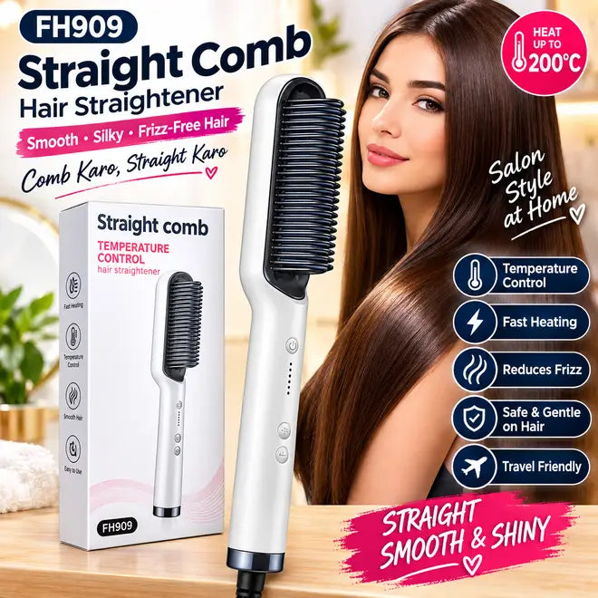 FH909 Hair Straightening Comb – Temperature Control Ceramic Hair Brush, Fast Heating Hair Styler for Smooth & Frizz-Free Hair