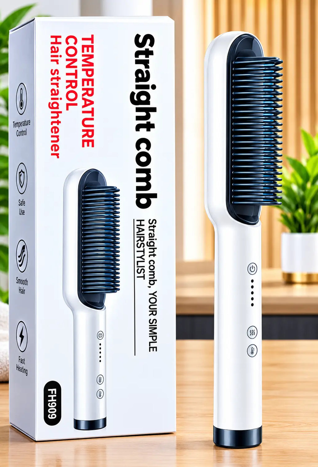 FH909 Hair Straightening Comb – Temperature Control Ceramic Hair Brush, Fast Heating Hair Styler for Smooth & Frizz-Free Hair