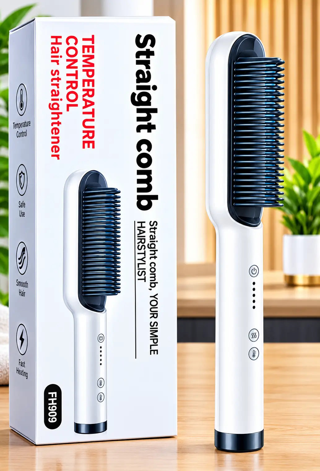 FH909 Hair Straightening Comb – Temperature Control Ceramic Hair Brush, Fast Heating Hair Styler for Smooth & Frizz-Free Hair