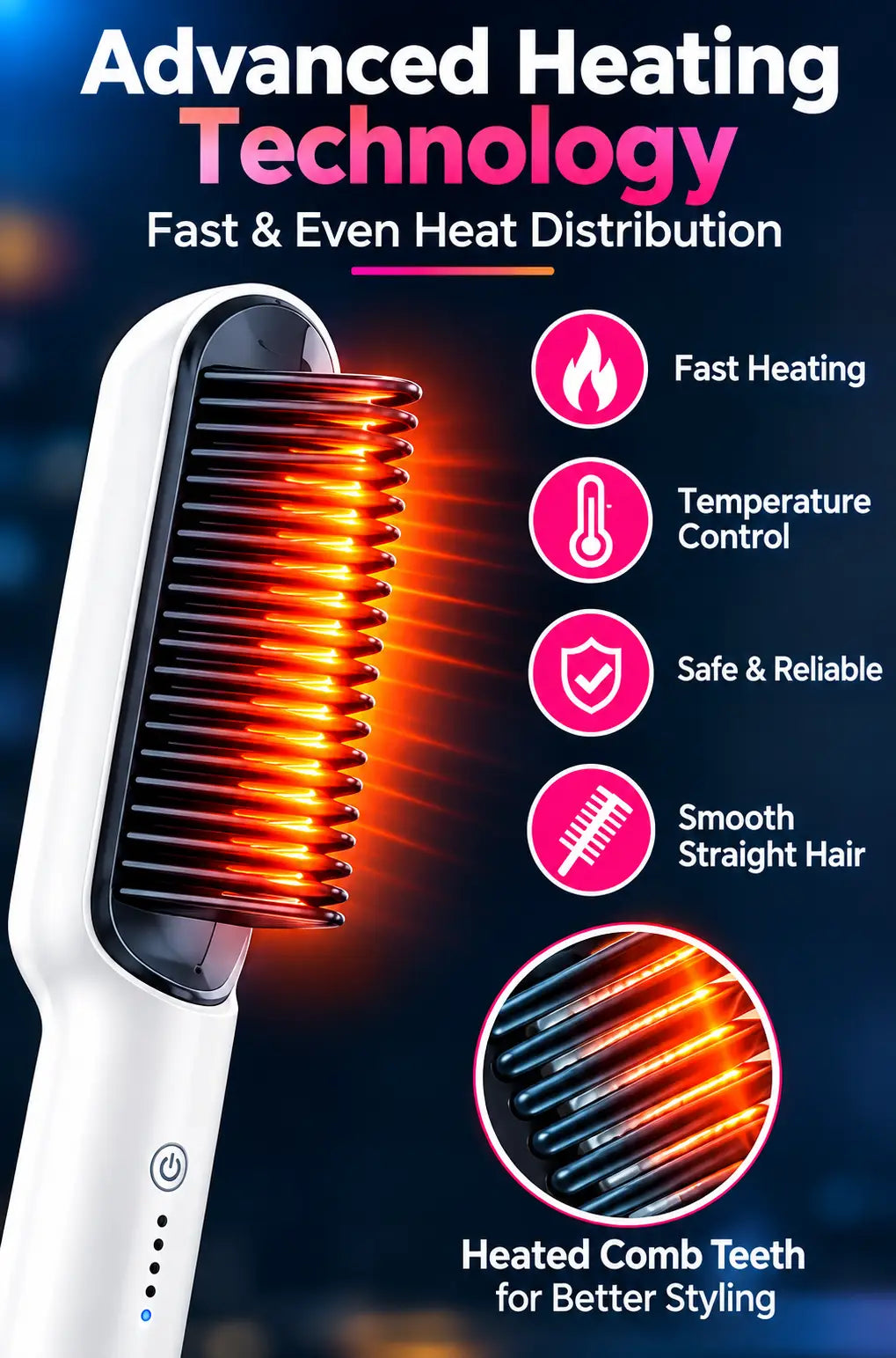 FH909 Hair Straightening Comb – Temperature Control Ceramic Hair Brush, Fast Heating Hair Styler for Smooth & Frizz-Free Hair
