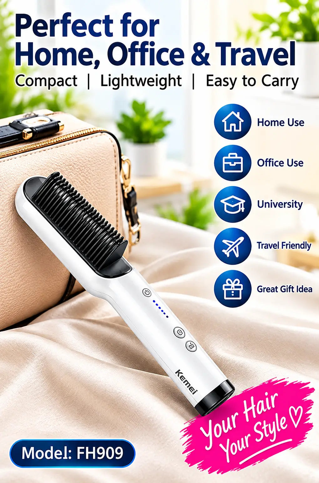 FH909 Hair Straightening Comb – Temperature Control Ceramic Hair Brush, Fast Heating Hair Styler for Smooth & Frizz-Free Hair
