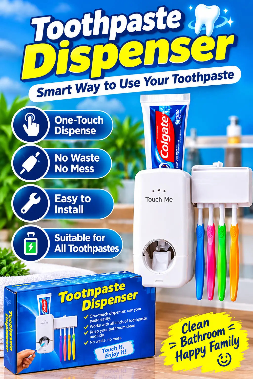 Wall Mounted Automatic Toothpaste Dispenser & Toothbrush Holder – Hygienic Bathroom Organizer