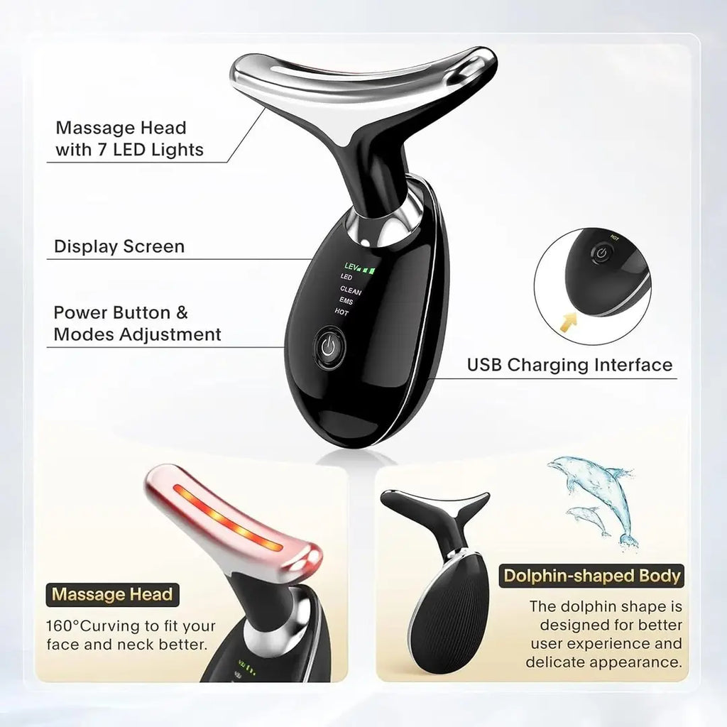 Digital Face & Neck Massager T-Shaped – EMS Facial Massage Device with LED Light, Hot & Vibration Modes for Face, Jawline & Neck