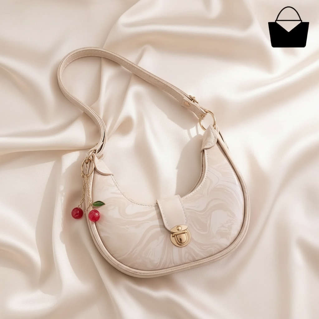 Beige Crescent Shoulder Bag – Flat Lay