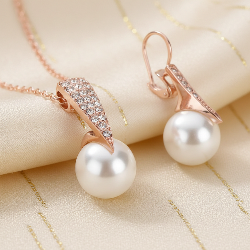 Close detail of crystal-set rose-gold-tone earrings with white pearl-style drops