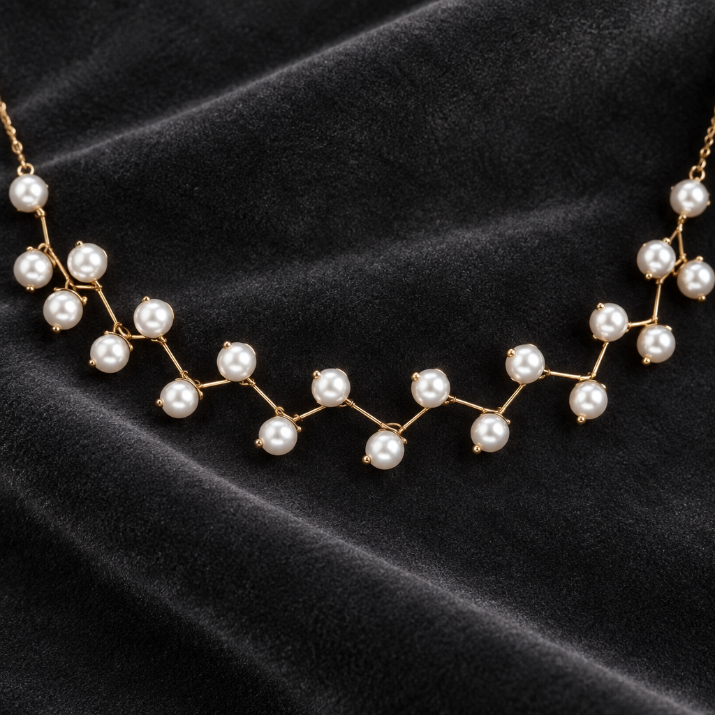 Close-up of white pearls and gold-tone vine necklace on charcoal velvet