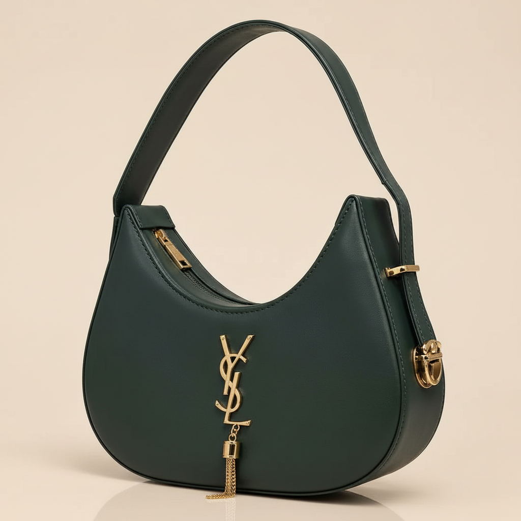 Close view of the dark green leather hobo bag showing the curved opening, zipper, adjustable strap, and gold-tone hardware