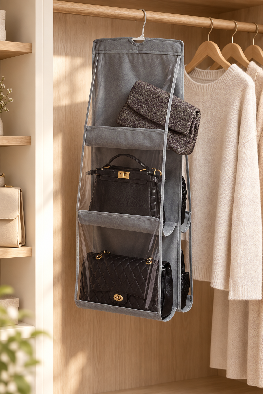 Grey hanging closet organizer with clear front pockets holding handbags
