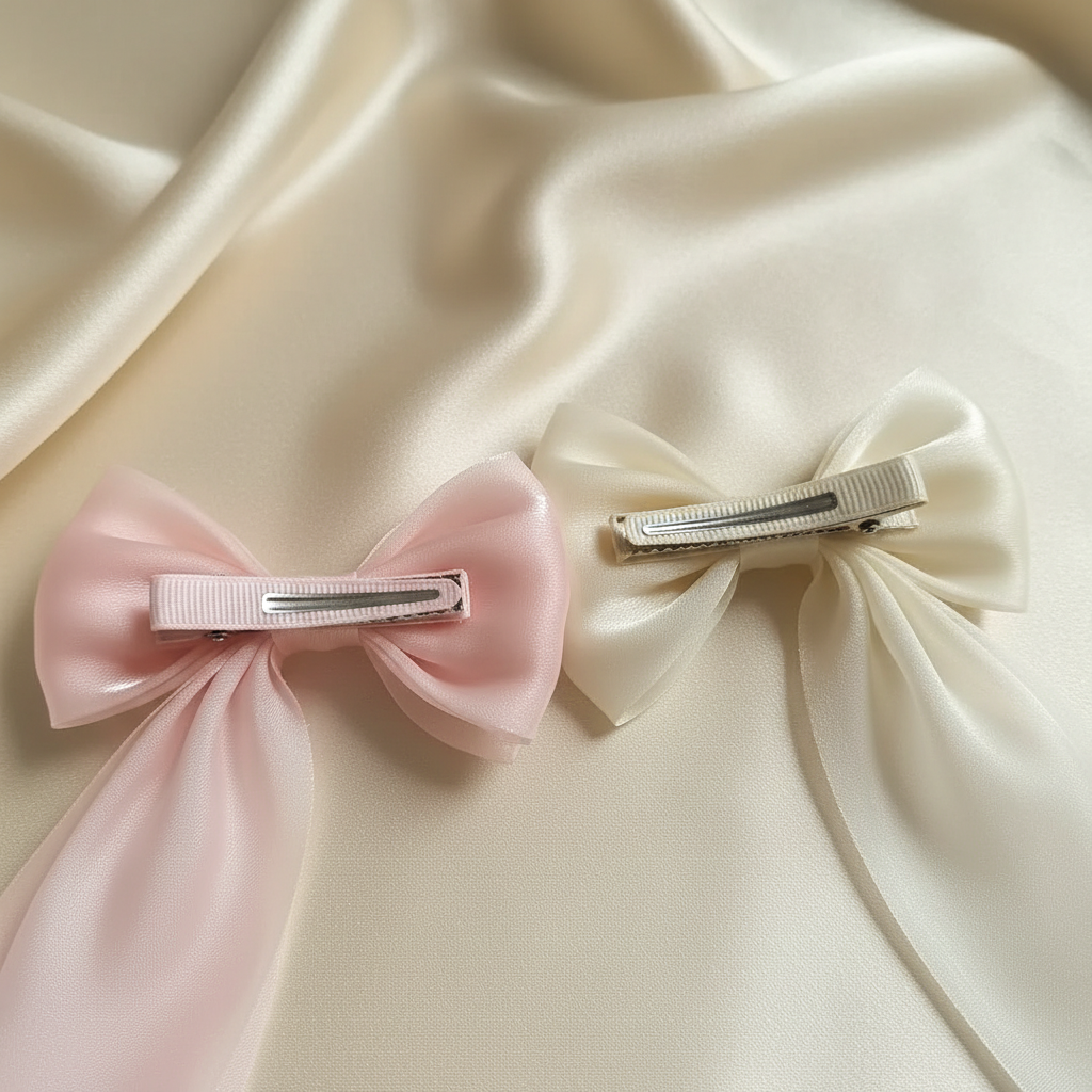 Close-up of the metal clip backs on blush pink and off-white bow hair pins