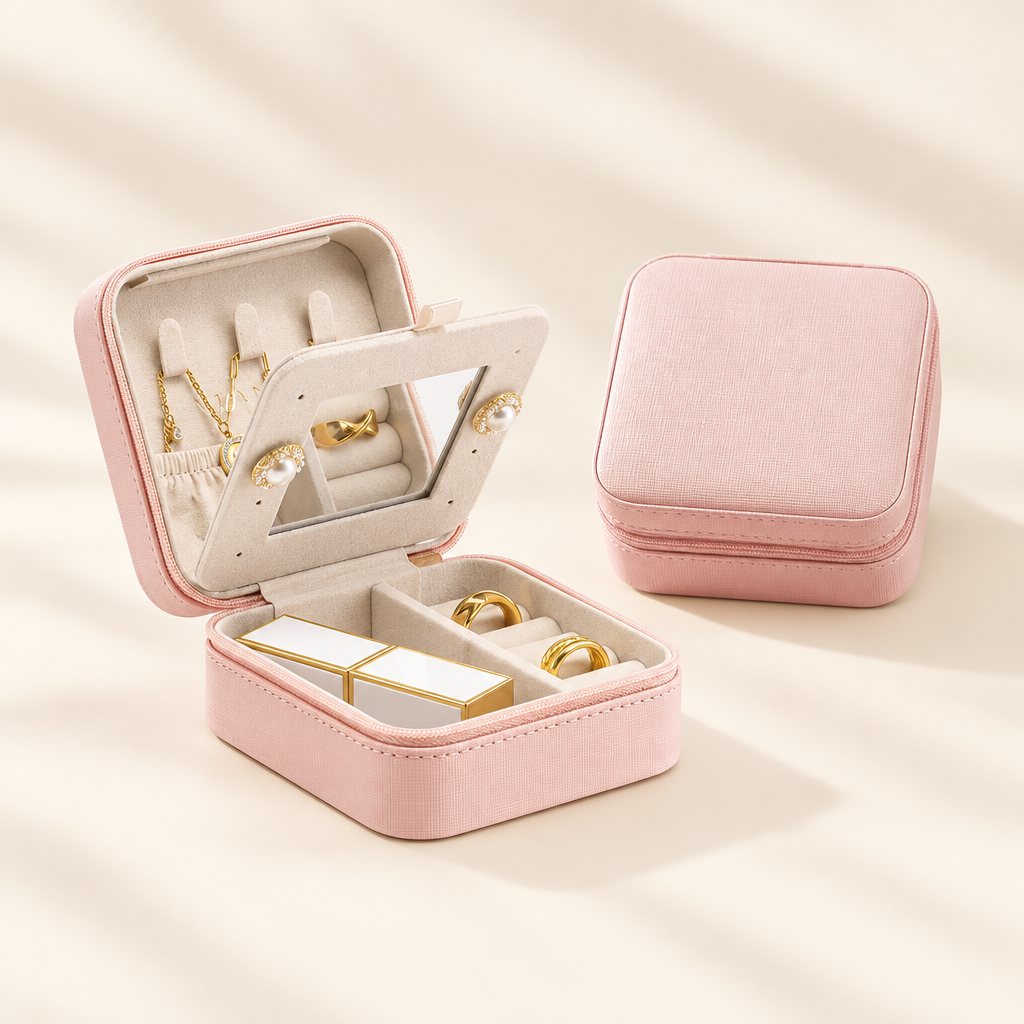 Two pink zip jewellery boxes, one open showing mirror and compartments